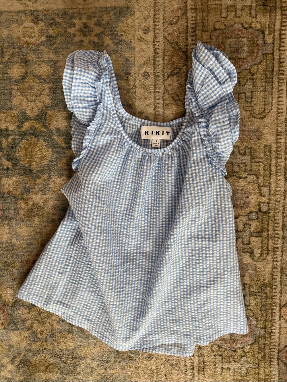 KIKIT Blue Gingham Ruffle Sleeve Blouse